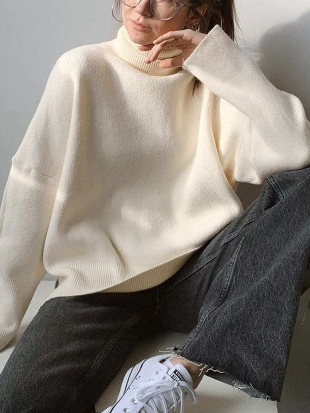 Ribbed Detail Turtleneck Dropped Shoulder Sweater - Trendsi - Flyclothing LLC