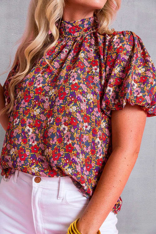 Printed Mock Neck Short Sleeve Blouse - Trendsi - Flyclothing LLC