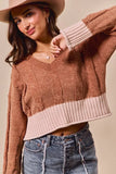 SO ME Chenille Cable Knit V Neck Contrast Cropped Sweater - Trendsi - Flyclothing LLC