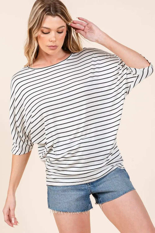 BOMBOM Striped Boat Neck Dolman Sleeve Top - Trendsi - Flyclothing LLC