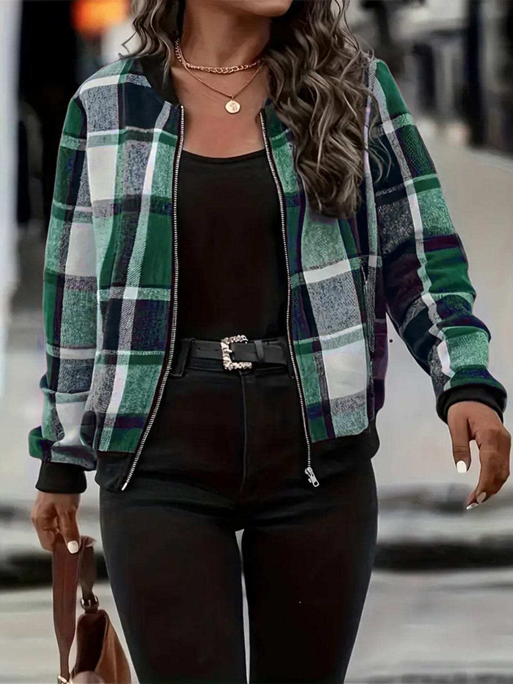 Plus Size Plaid Baseball Collar Zip Up Jacket - Trendsi - Flyclothing LLC