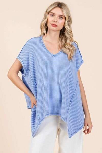 Mittoshop Mineral Wash Waffle Knit Pointed Hem Oversized Top - Trendsi - Flyclothing LLC