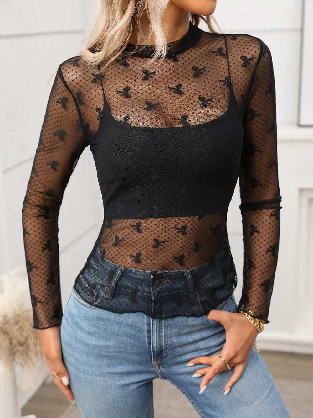 Floral Mock Neck Long Sleeve Mesh Top - Trendsi - Flyclothing LLC