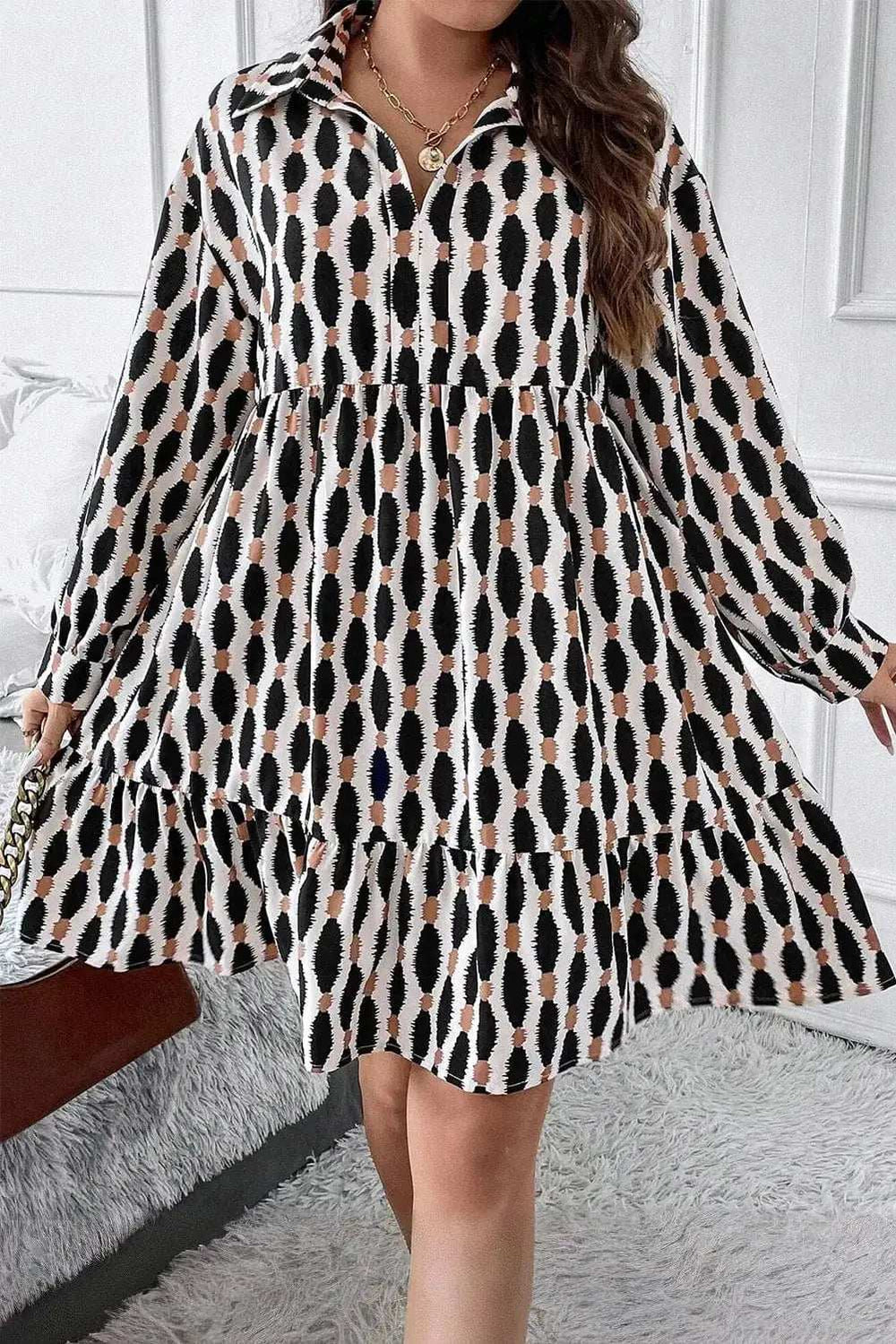Plus Size Printed Johnny Collar Long Sleeve Dress - Trendsi - Flyclothing LLC