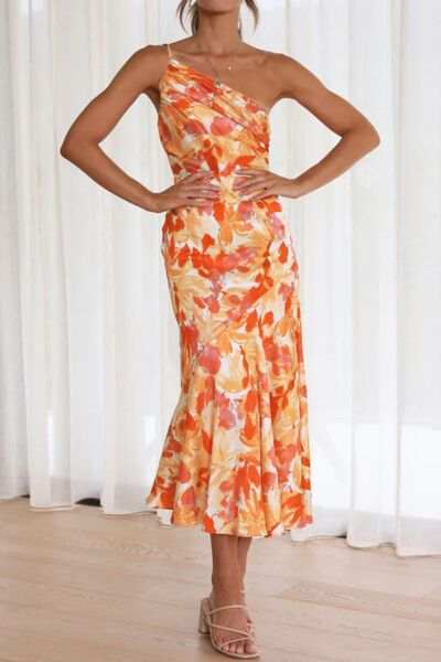 Ruched Printed Single Shoulder Midi Dress - Trendsi - Flyclothing LLC