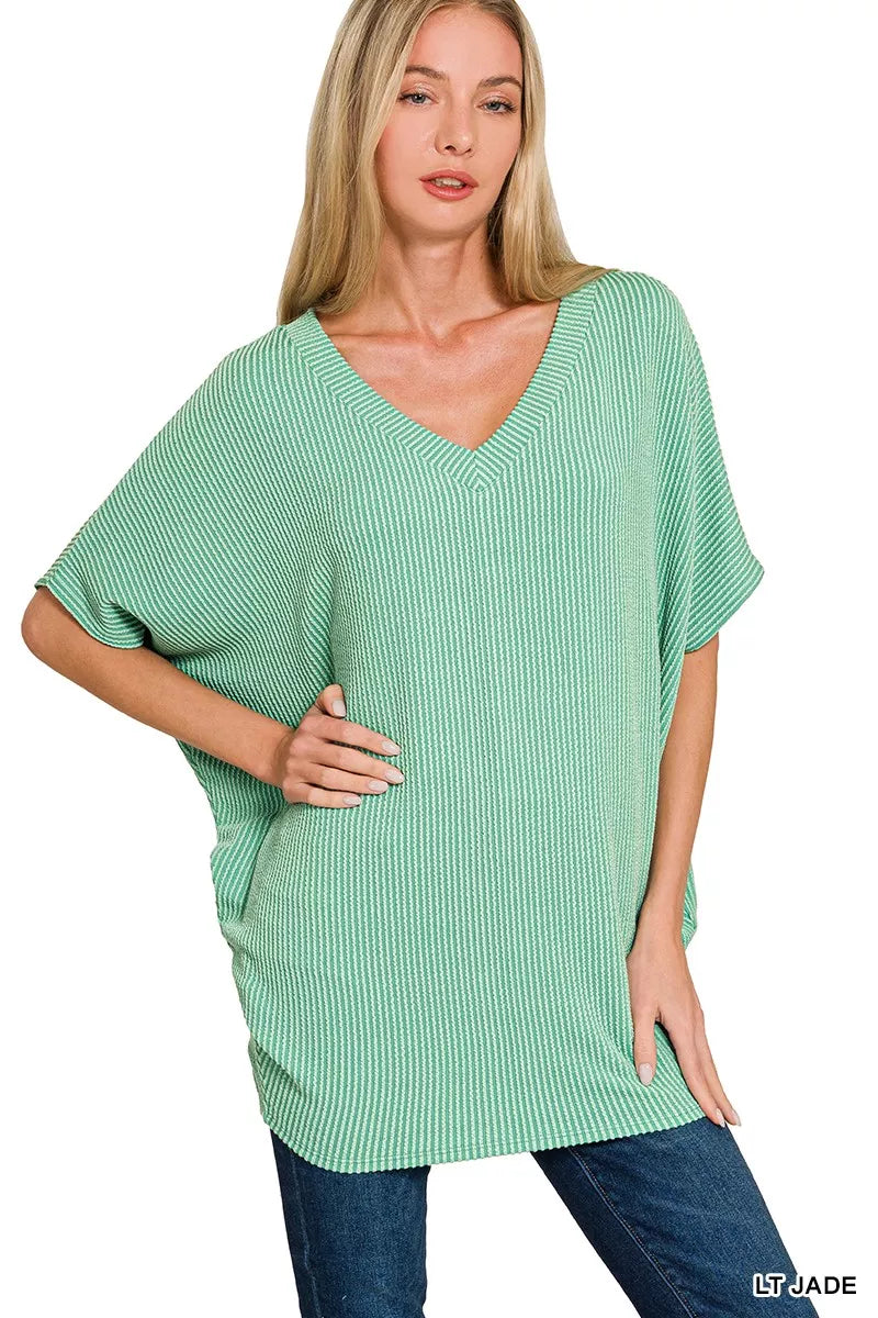 Zenana Raised Rib V-Neck Batwing Top - Trendsi - Flyclothing LLC