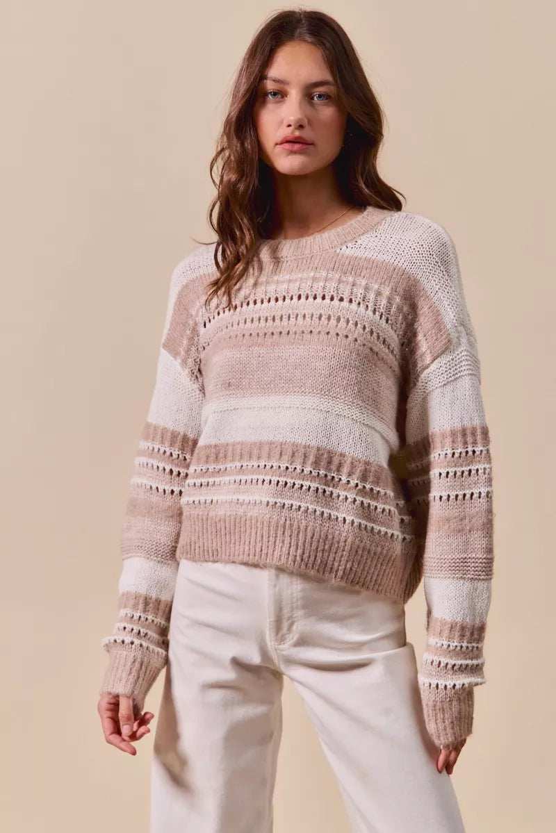 SO ME Variegated Stripe Textured Loose Fit Sweater - Trendsi - Flyclothing LLC