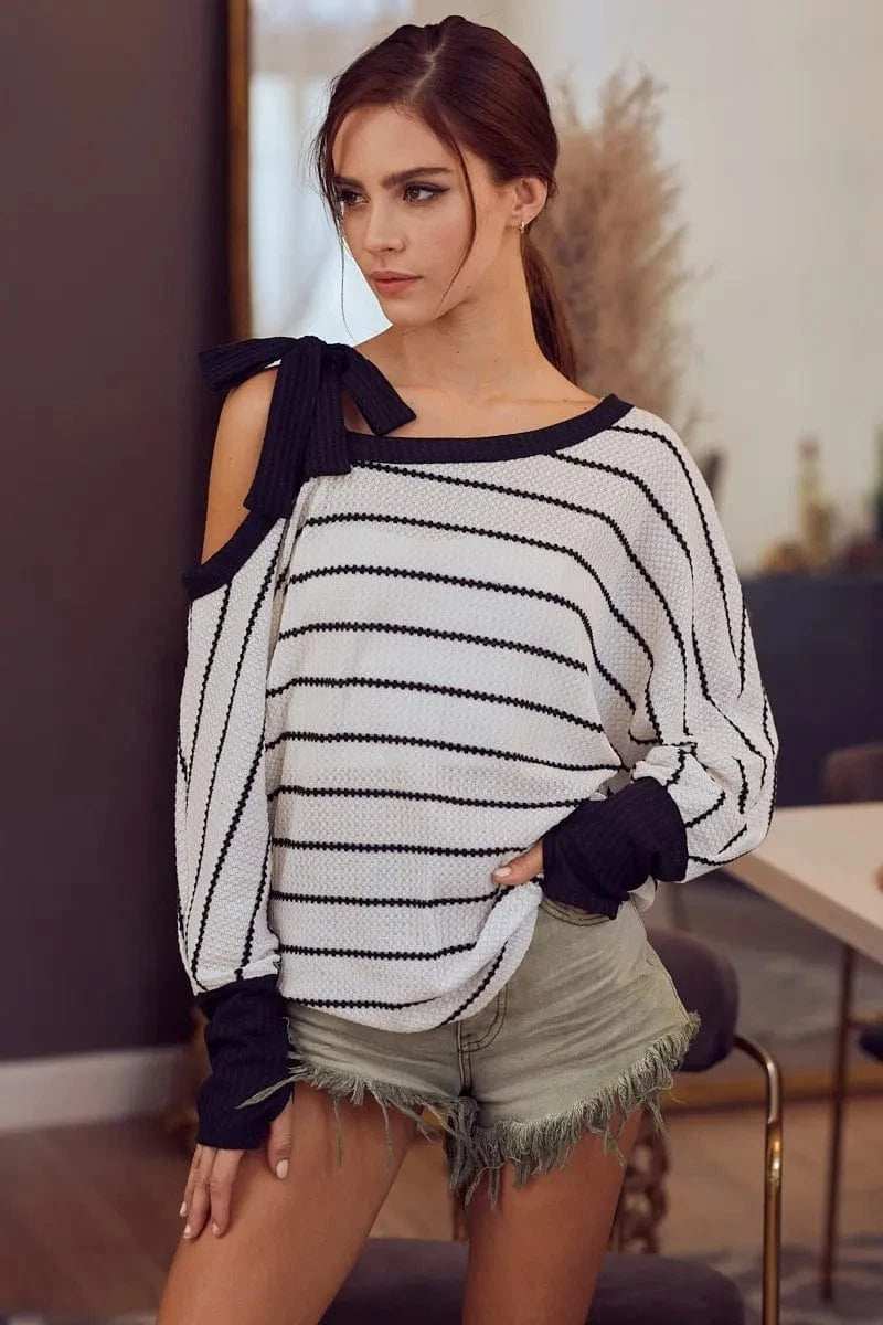 BiBi Stripe Yarn Dye Waffle One Shoulder Ribbon Detail Top - Trendsi - Flyclothing LLC