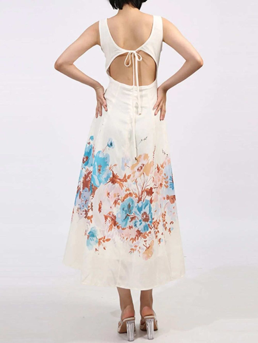 Cutout Back Printed Square Neck Dress - Trendsi - Flyclothing LLC