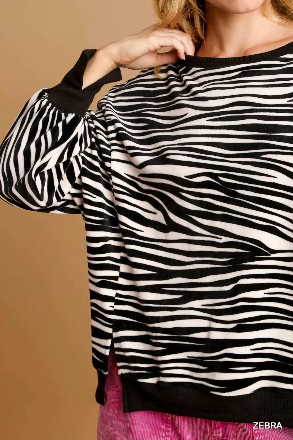 Umgee Zebra Striped Fleece Pullover Sweater Shirt - Trendsi - Flyclothing LLC