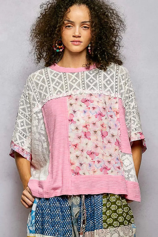 POL Floral Patchwork Lace Accent Blouse - Trendsi - Flyclothing LLC