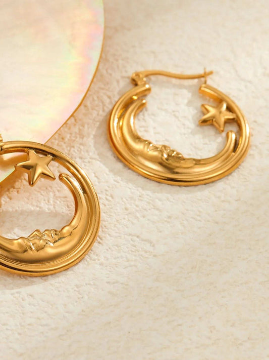 18K Gold-Plated Crescent Moon Star Hoop Earrings - Trendsi - Flyclothing LLC