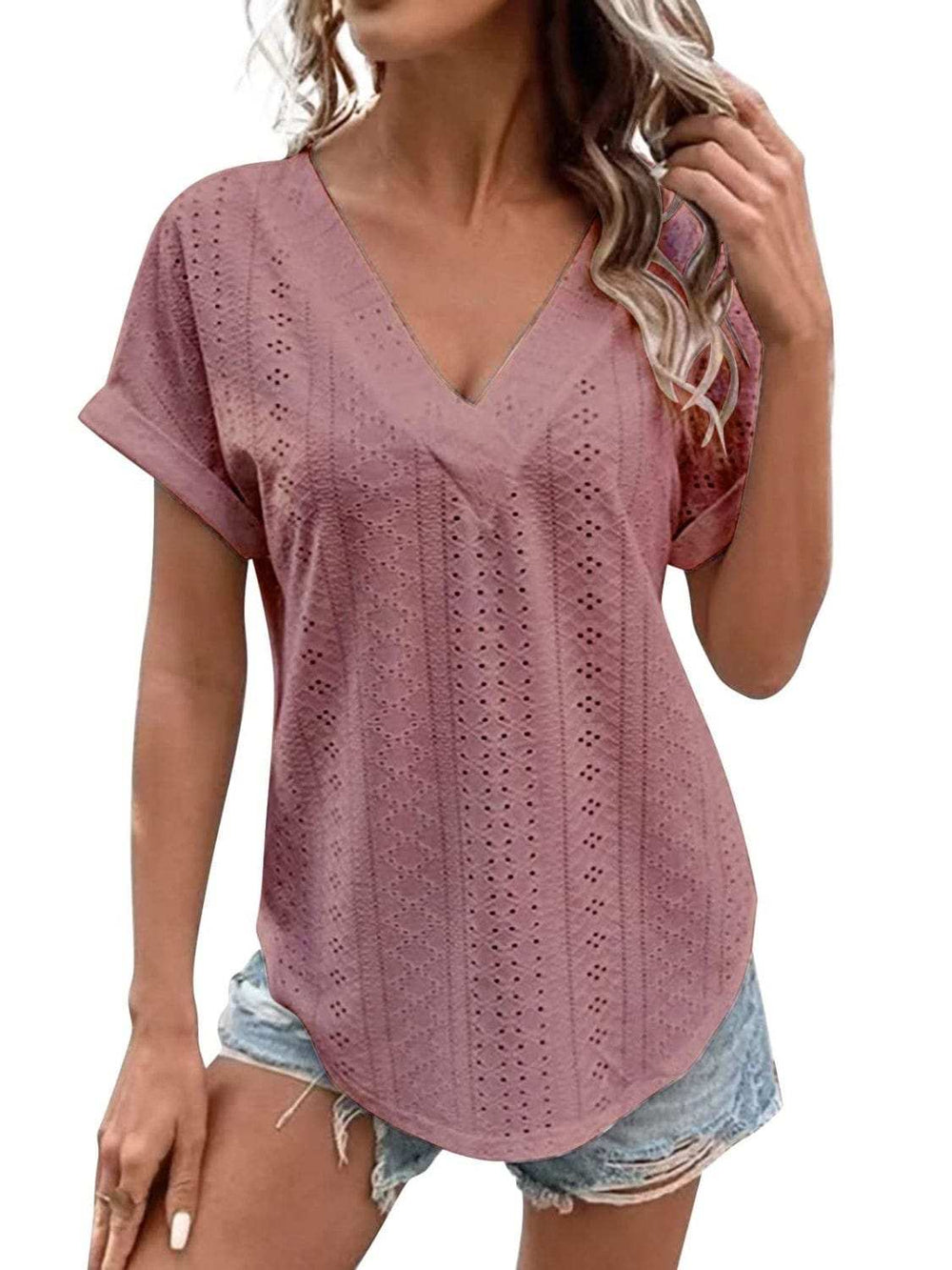 Eyelet V-Neck Short Sleeve Blouse - Trendsi - Flyclothing LLC