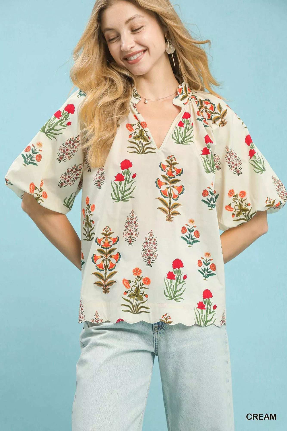 Umgee Floral Print Puff Sleeve Scallop Hem Blouse - Trendsi - Flyclothing LLC