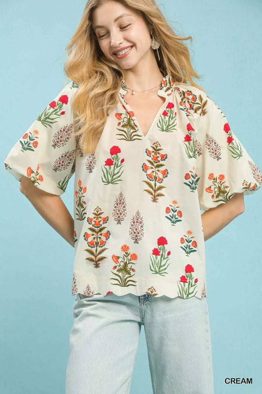 Umgee Floral Print Puff Sleeve Scallop Hem Blouse - Trendsi - Flyclothing LLC