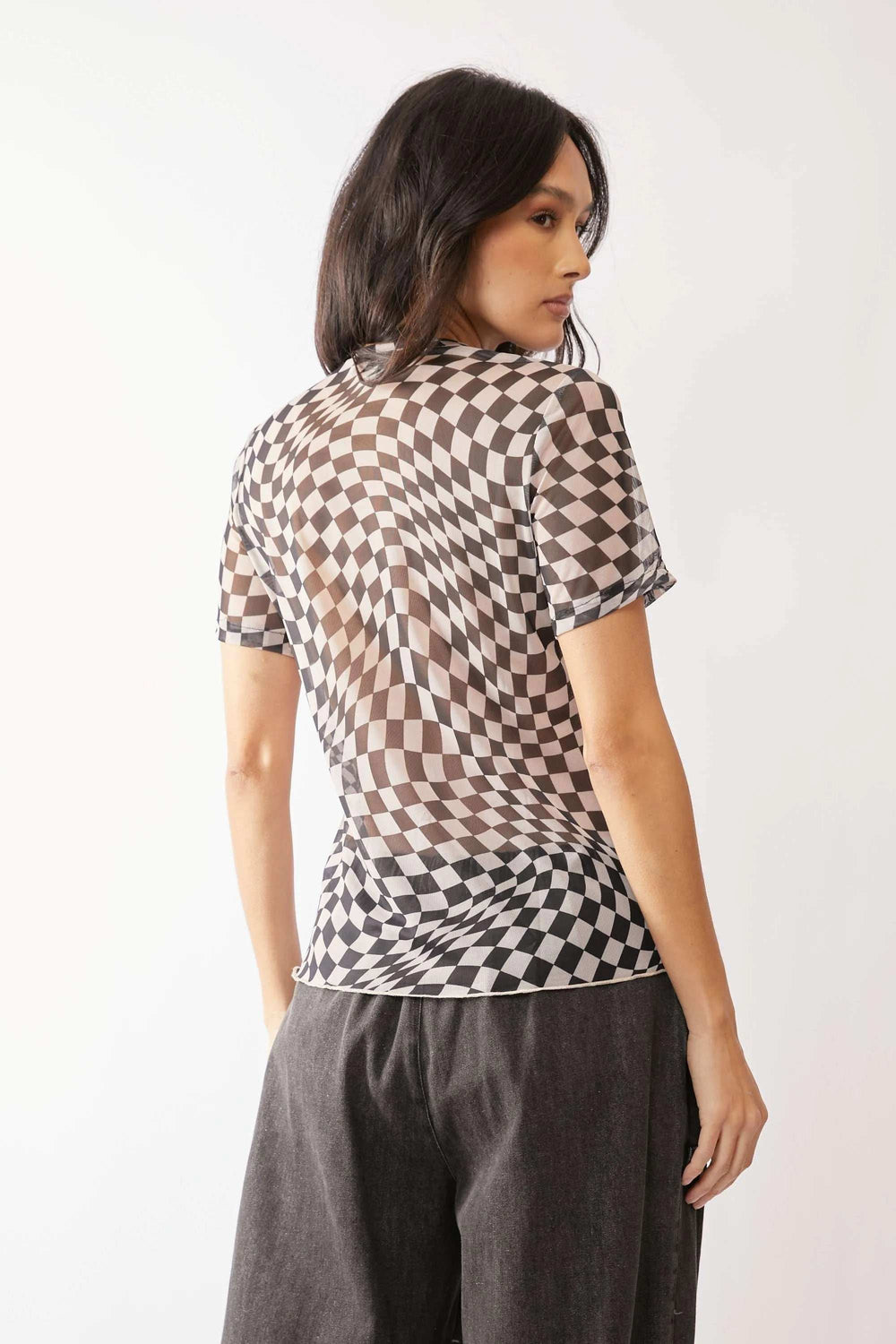 Davi & Dani Checker Board Printed Mesh Short Sleeve Top - Trendsi - Flyclothing LLC
