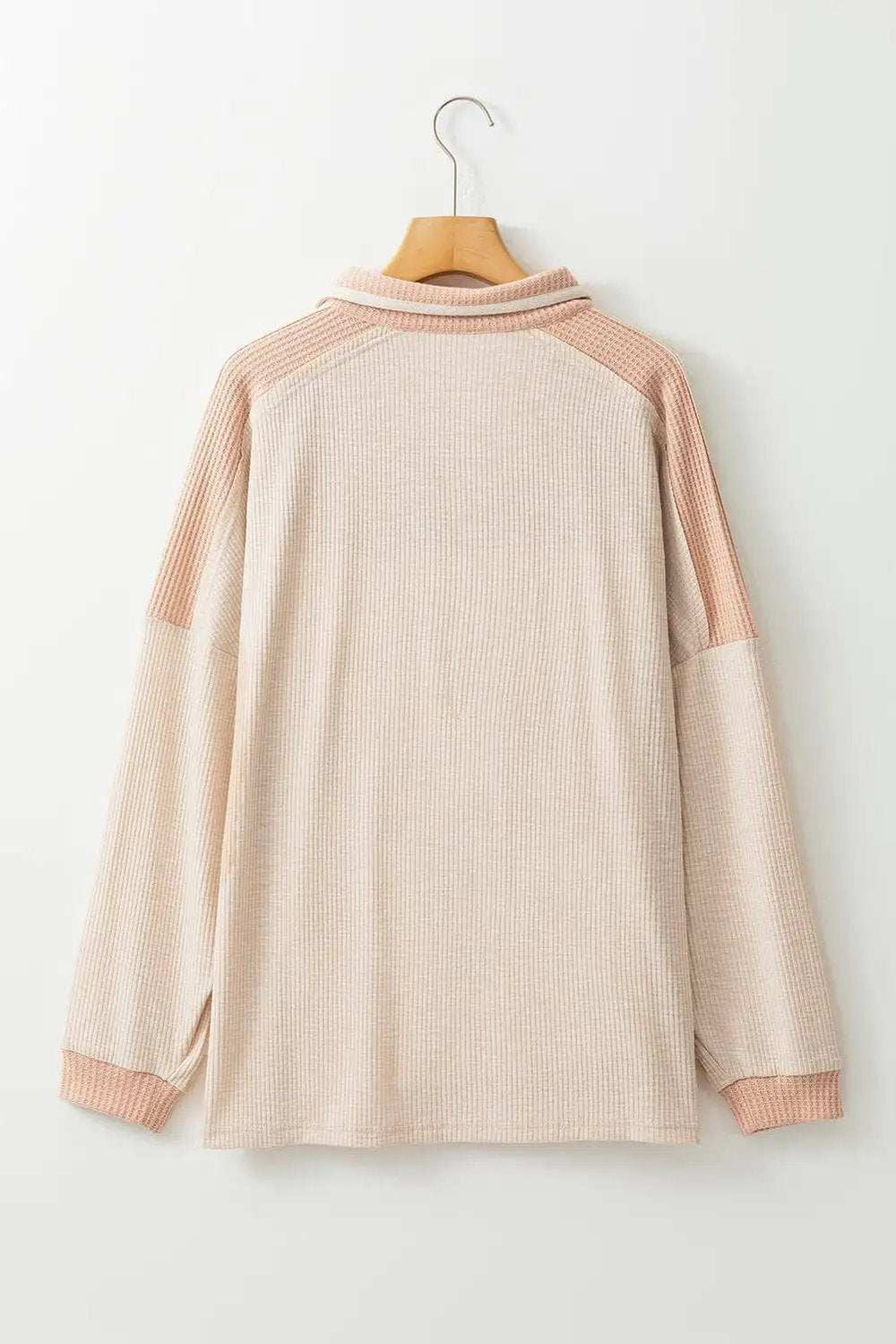 Waffle-Knit Color Block Half Button Long Sleeve Top - Trendsi - Flyclothing LLC