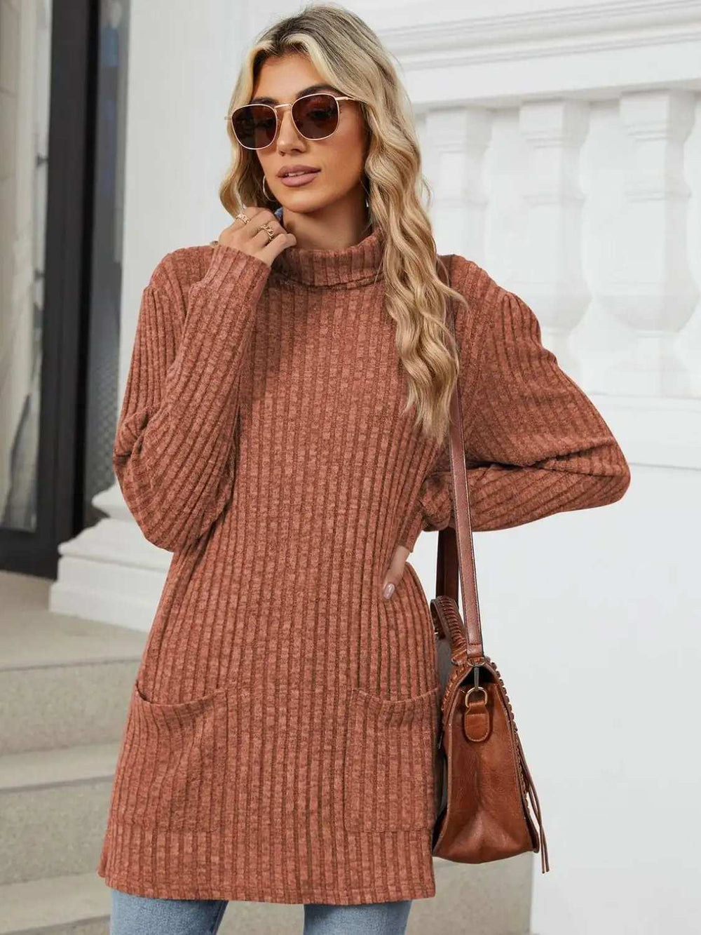 Ribbed Mock Neck Long Sleeve T-Shirt - Trendsi - Flyclothing LLC