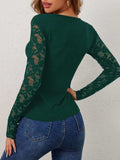 Lace Wavy Hem V-Neck Long Sleeve Top - Trendsi - Flyclothing LLC