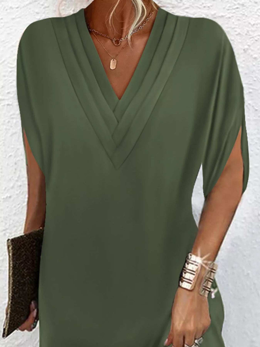 Full Size V-Neck Slit Sleeve Mini Dress Plus Size - Trendsi - Flyclothing LLC