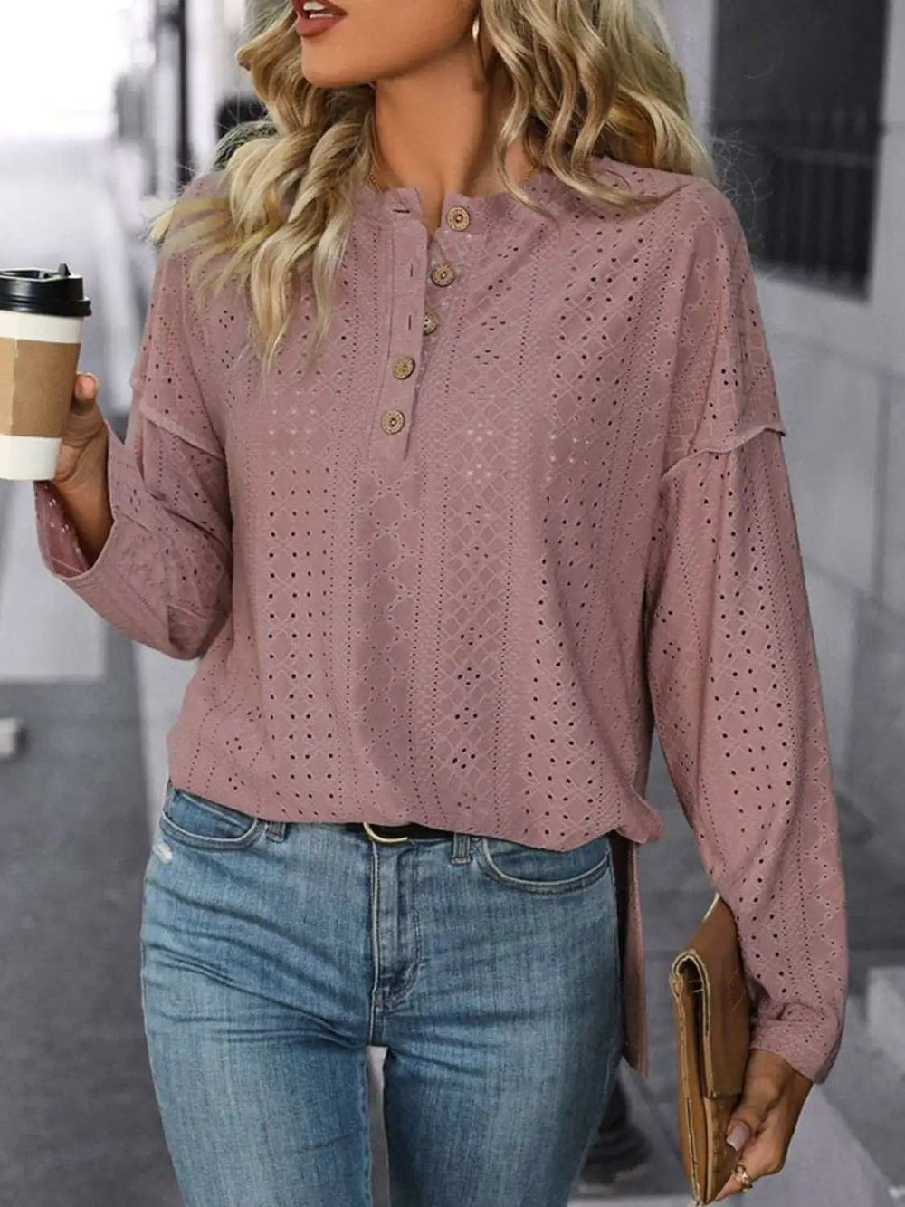Eyelet Round Neck Long Sleeve Top - Trendsi - Flyclothing LLC