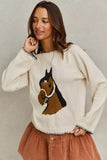 SO ME Horse Knit Sweater Top with Blanket Stitch - Trendsi - Flyclothing LLC