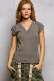 POL V-Neck Short Sleeve Washed T-Shirt with Outseam - Trendsi - Flyclothing LLC