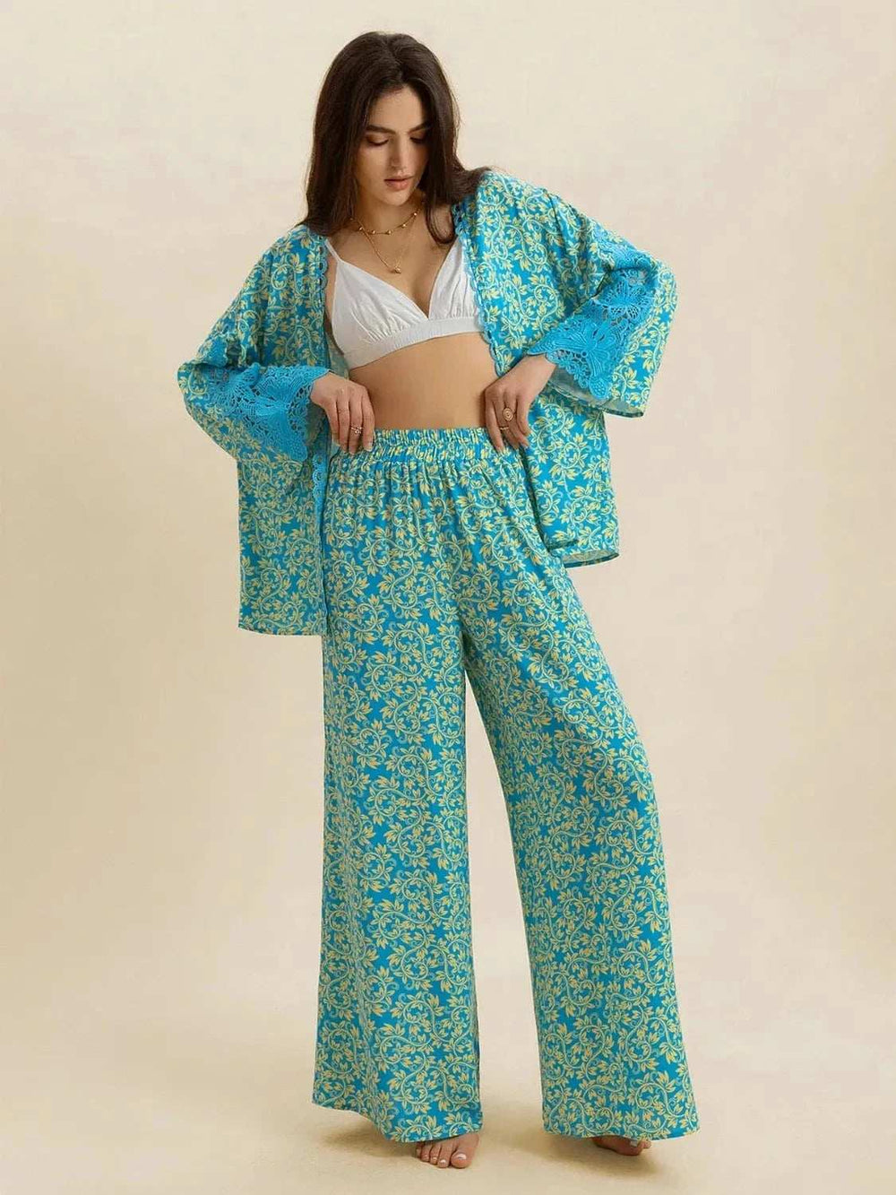Open Front Printed Top and Pants Set - Trendsi - Flyclothing LLC