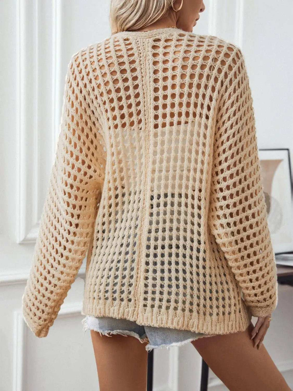 Openwork Open Front Long Sleeve Cardigan - Trendsi - Flyclothing LLC