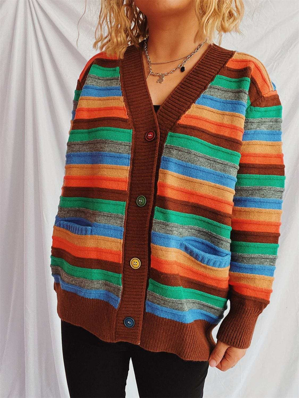 Contrast Stripes Button Up Long Sleeve Cardigan - Trendsi - Flyclothing LLC