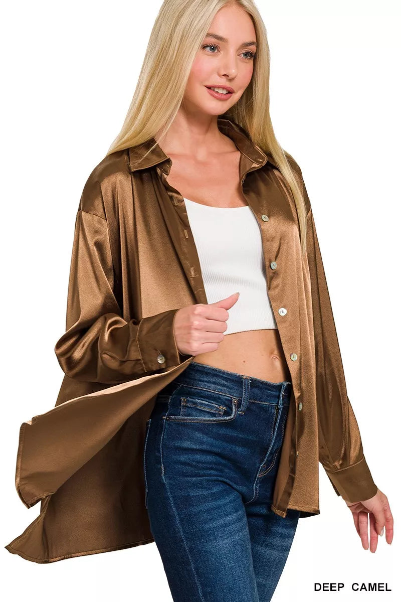 Zenana Satin Button Down Long Sleeve Shirt - Trendsi - Flyclothing LLC