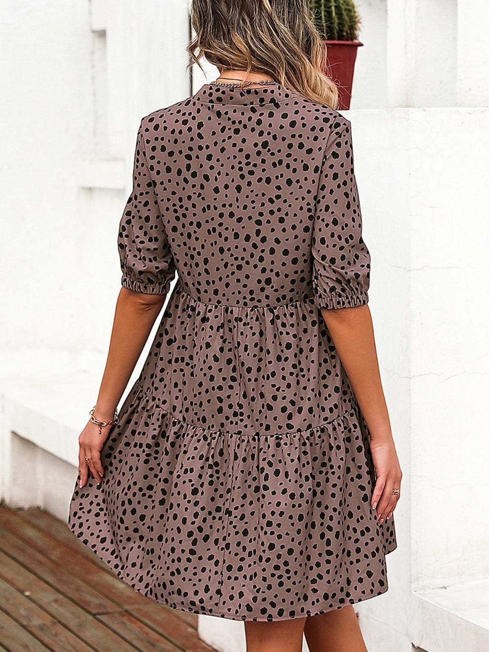 Printed Notched Half Sleeve Dress - Trendsi - Flyclothing LLC