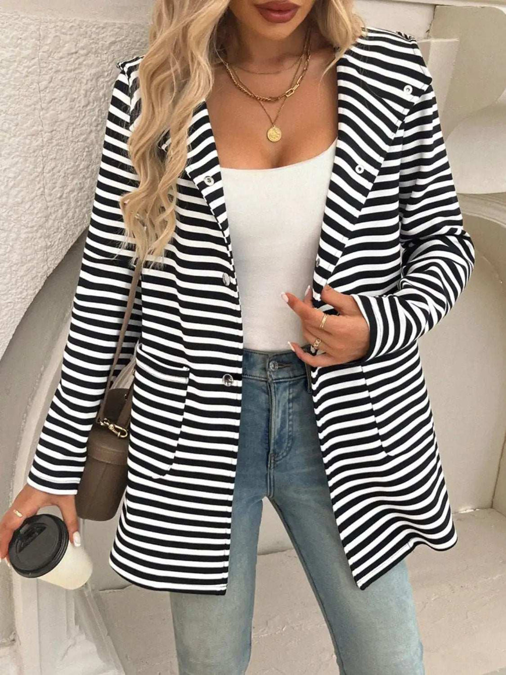 Devine Striped Long Sleeve Hooded Outerwear - Trendsi - Flyclothing LLC