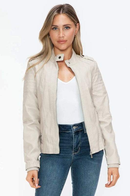 Snobbish PU Leather Biker Jacket with Side Zip Pockets - Trendsi - Flyclothing LLC