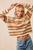 BiBi Striped Open Knit Sweater Top with Front Braided Detail - Trendsi - Flyclothing LLC