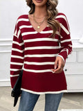 Striped V-Neck Long Sleeve Knit Top - Trendsi - Flyclothing LLC