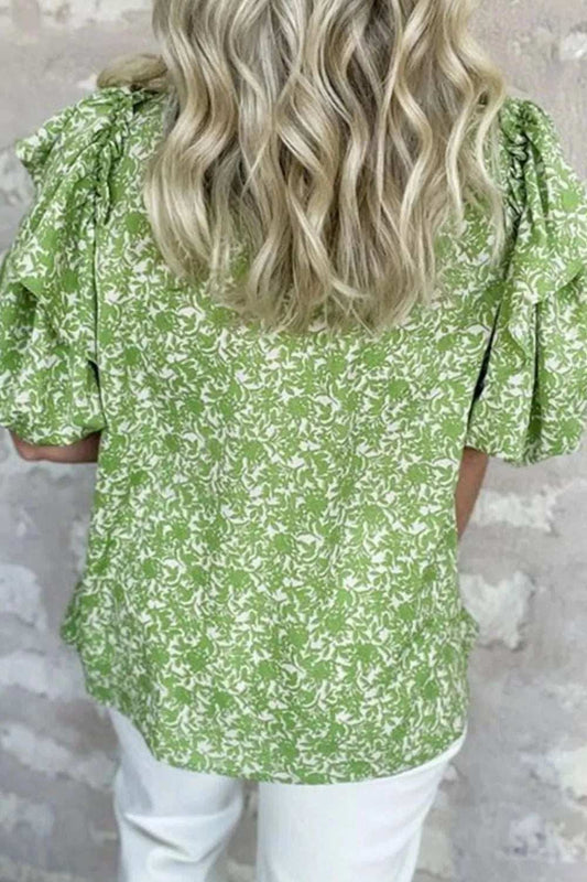Floral Ruffle Puff Short Sleeve Frilled Notched Blouse - Trendsi - Flyclothing LLC