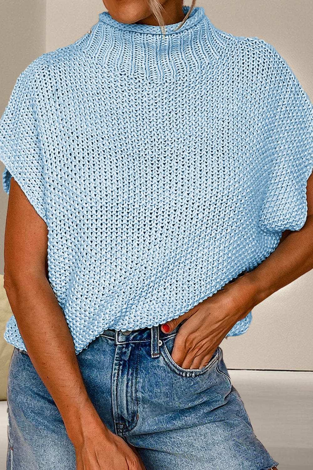 Turtleneck Cap Sleeve Sweater - Trendsi - Flyclothing LLC