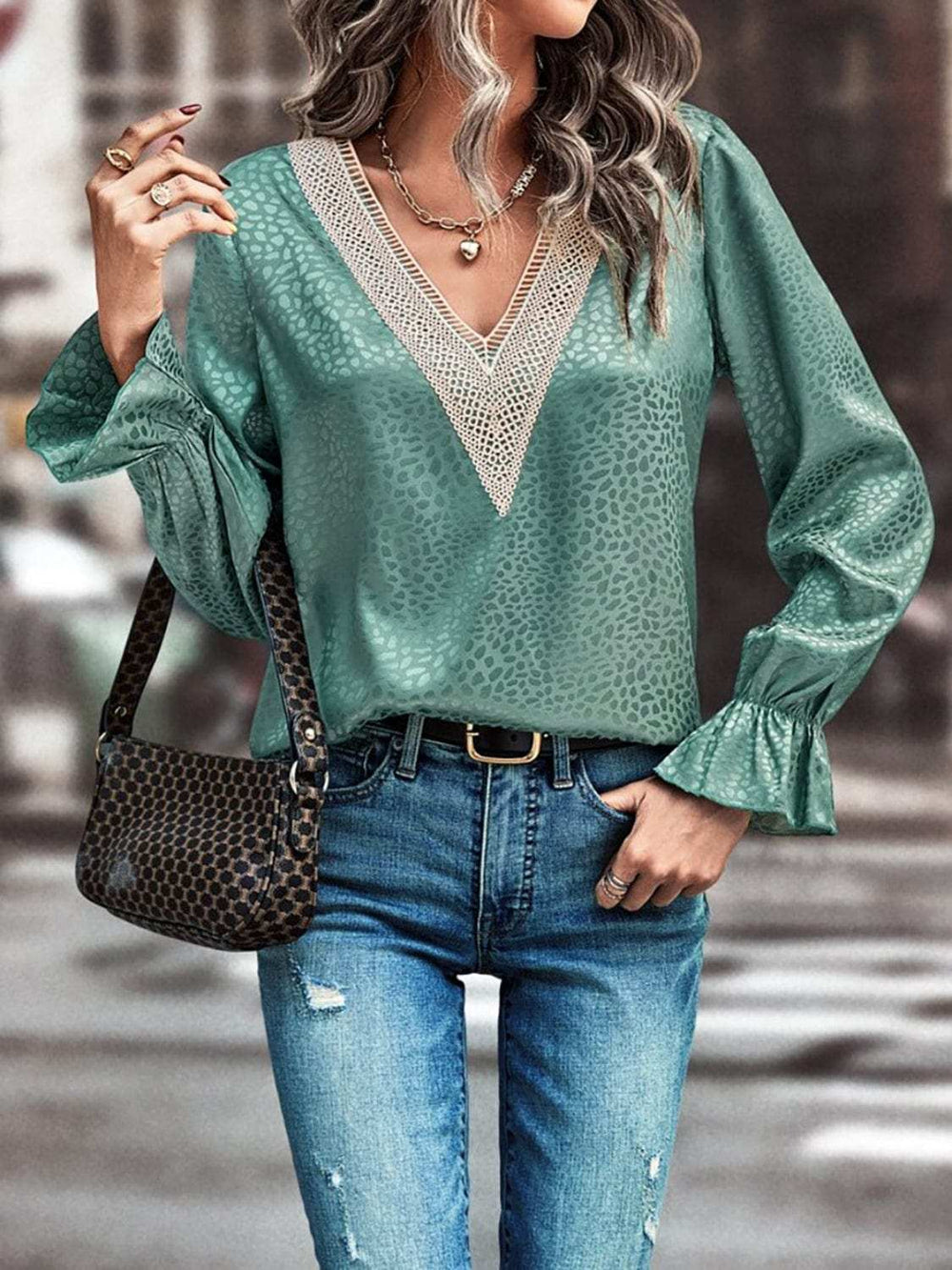 V-Neck Flounce Sleeve Blouse - Trendsi - Flyclothing LLC