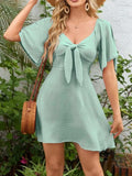Smocked Back Knotted Flutter Sleeve Dress - Trendsi - Flyclothing LLC