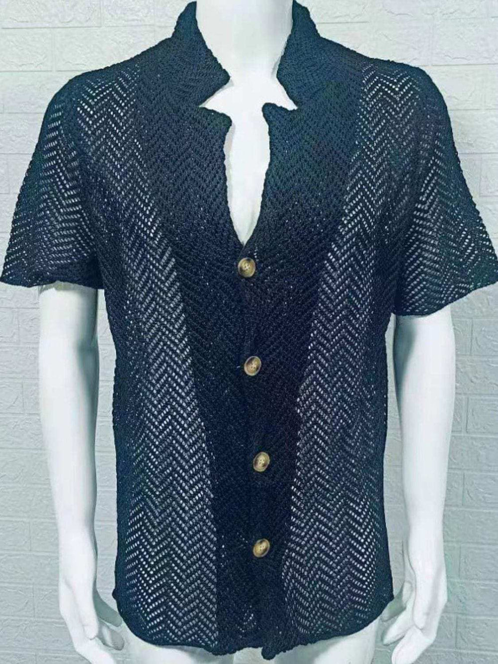 Men's Plus Size Herringbone Eyelet Button Down Knit Shirt - Trendsi - Flyclothing LLC