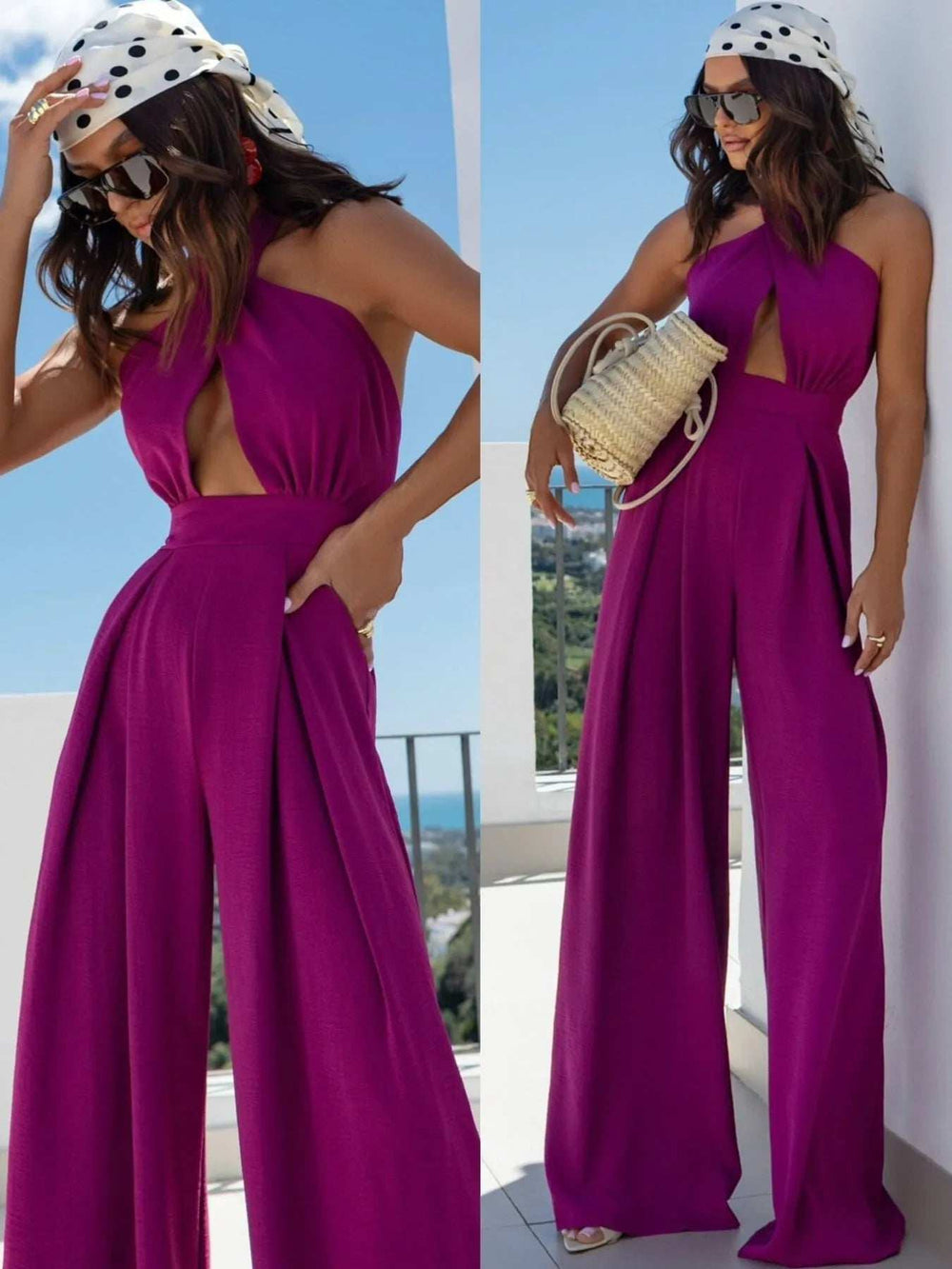 Wide Leg Cutout Halter Neck Jumpsuit - Trendsi - Flyclothing LLC