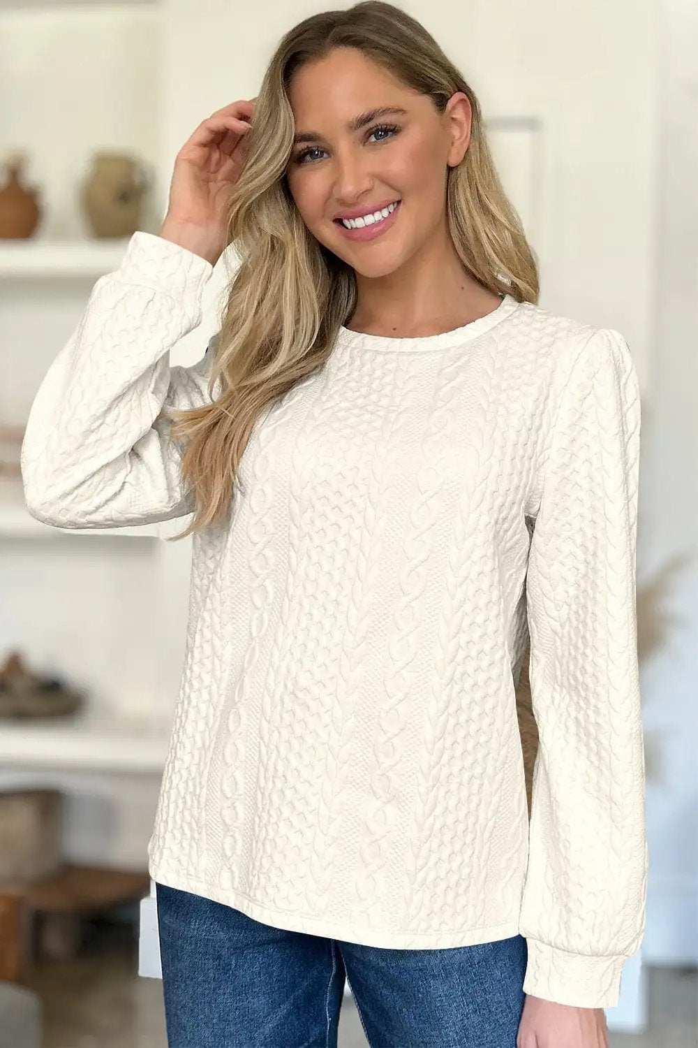 Textured Round Neck Long Sleeve Sweatshirt - Trendsi - Flyclothing LLC