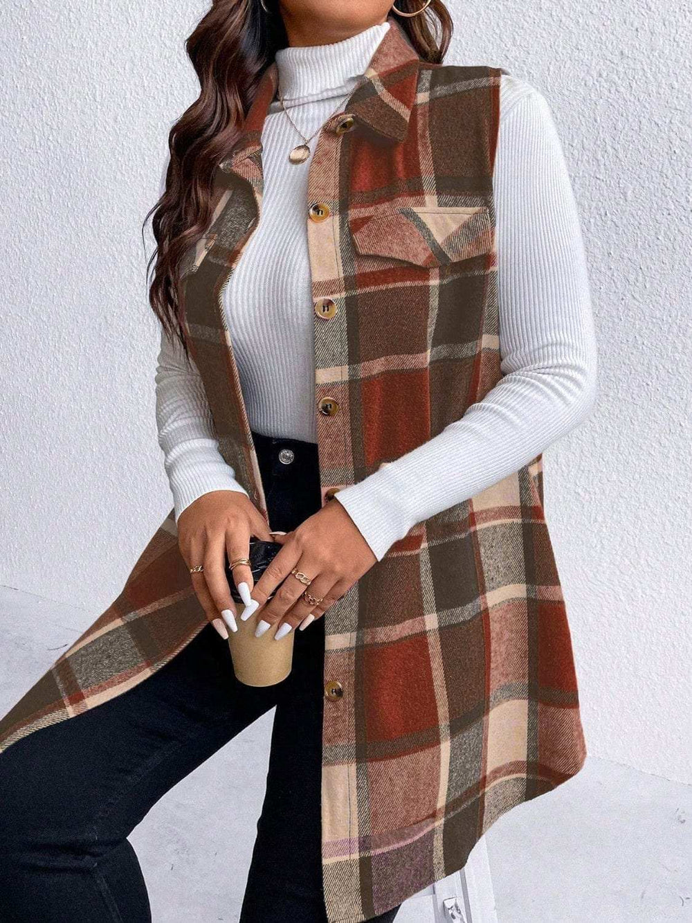 Honey Plus Size Pocketed Plaid Button Up Vest Coat - Trendsi - Flyclothing LLC