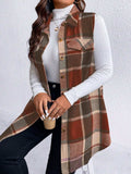 Honey Plus Size Pocketed Plaid Button Up Vest Coat - Trendsi - Flyclothing LLC