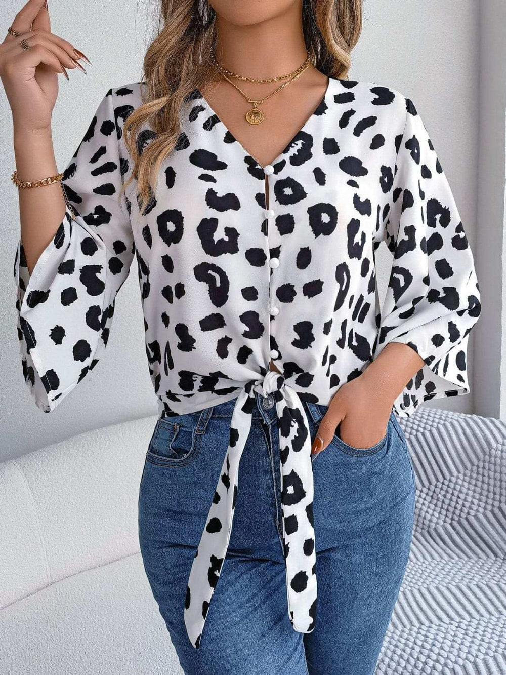 Tied Button Up Leopard V-Neck Blouse - Trendsi - Flyclothing LLC