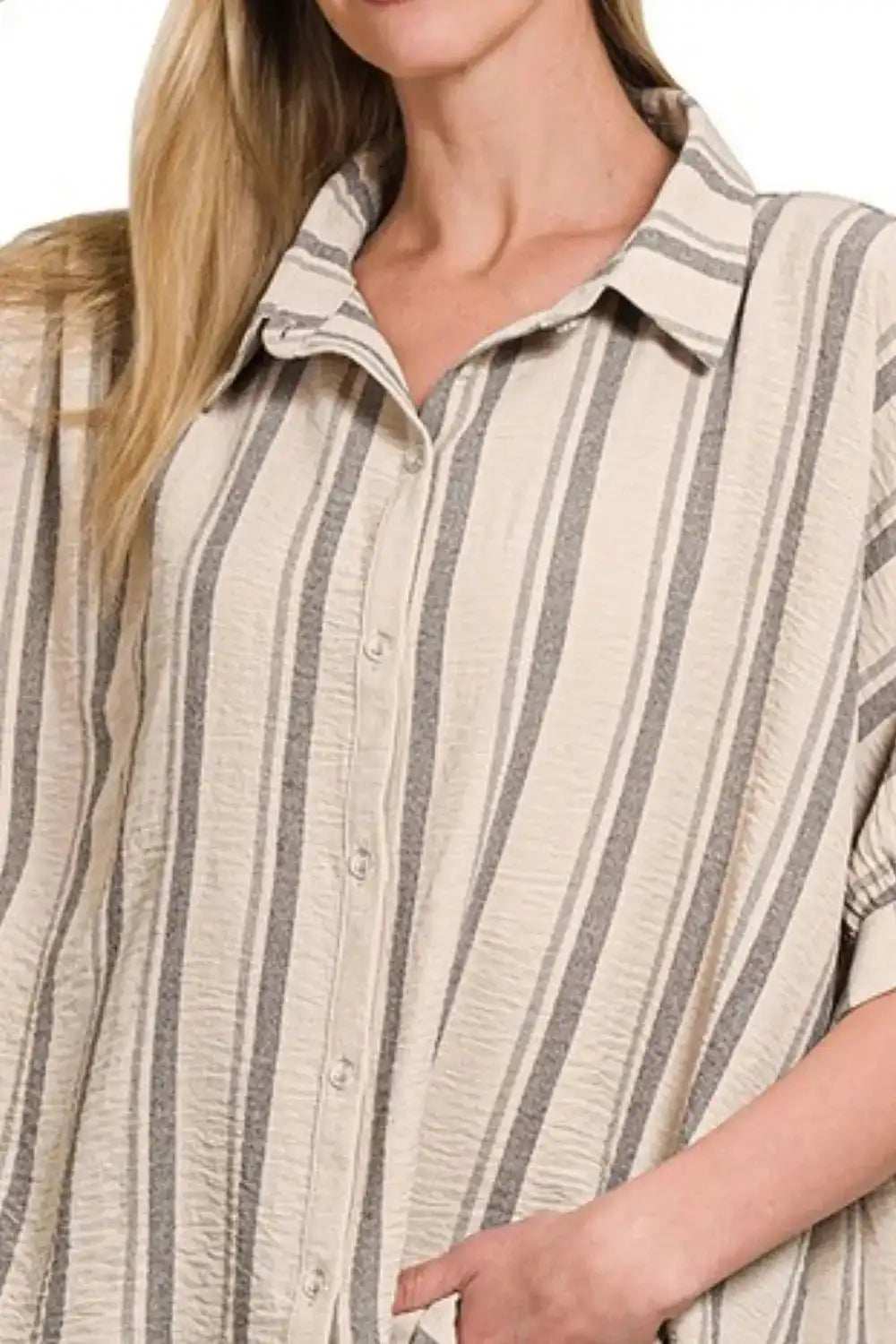 Zenana Woven Yarn-Dye Stripe Oversized Button Down Shirt - Trendsi - Flyclothing LLC