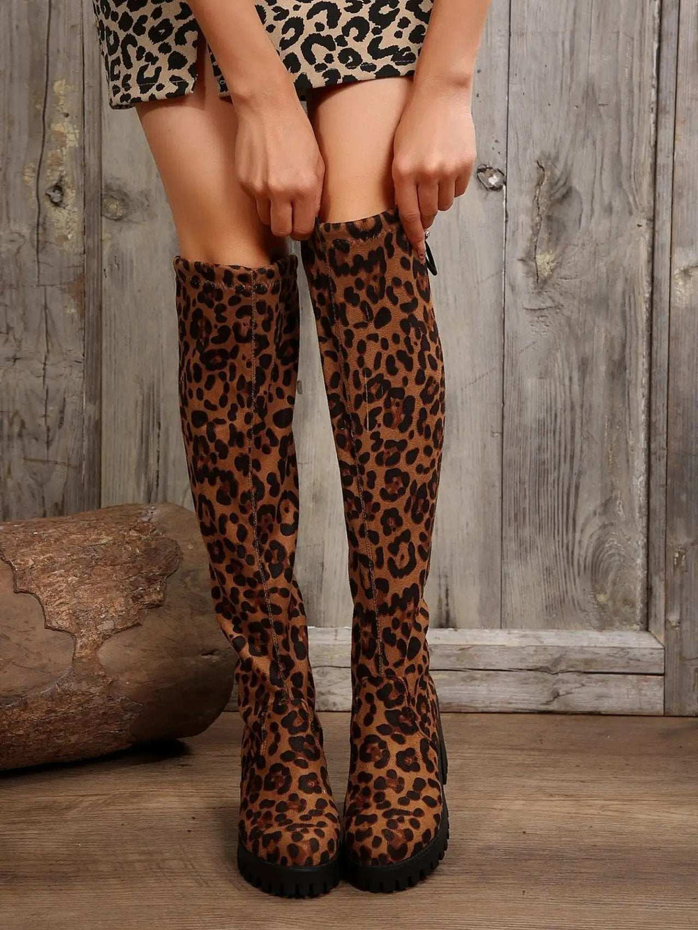 Leopard Round Toe Block Heel Boots - Trendsi - Flyclothing LLC
