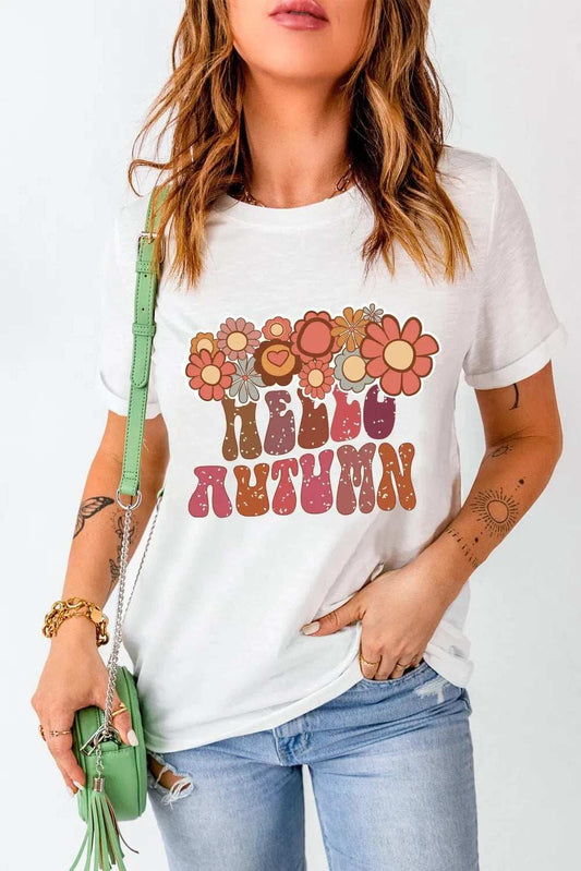 Flower & Letter Graphic Round Neck Short Sleeve T-Shirt - Trendsi - Flyclothing LLC