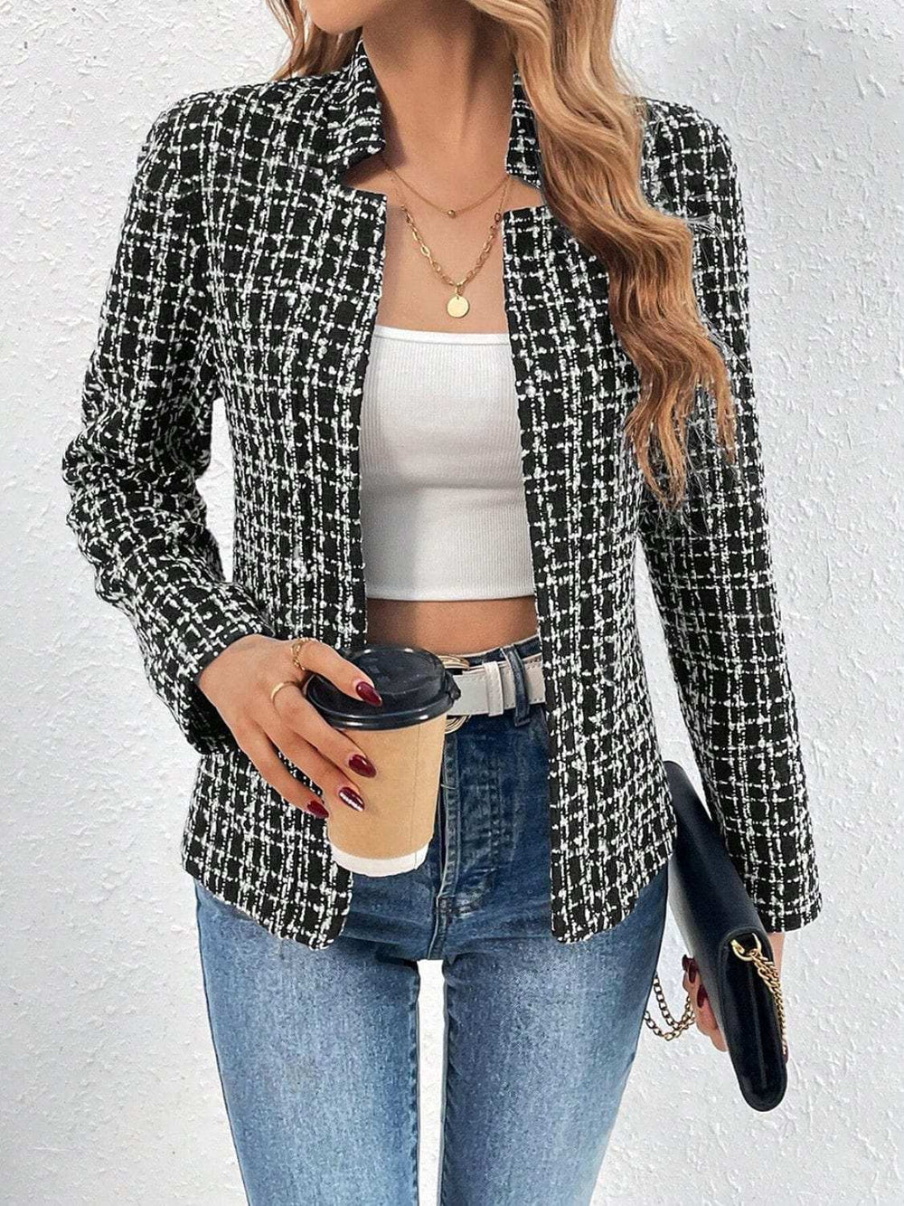 Plaid Open Front Long Sleeve Jacket - Trendsi - Flyclothing LLC